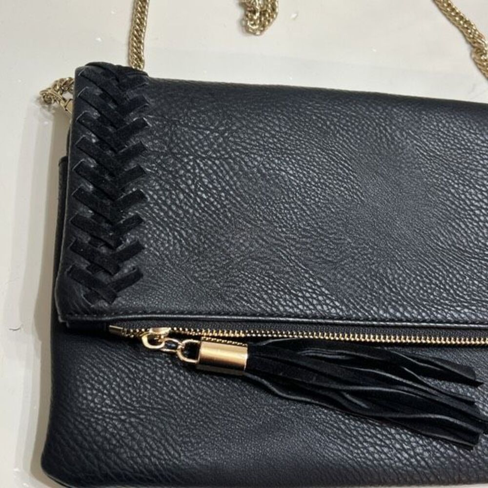Moda Luxe Women's Leather Gold Chain Link Strap Clutch Crossbody Bag Black NWT - Picture 2 of 9